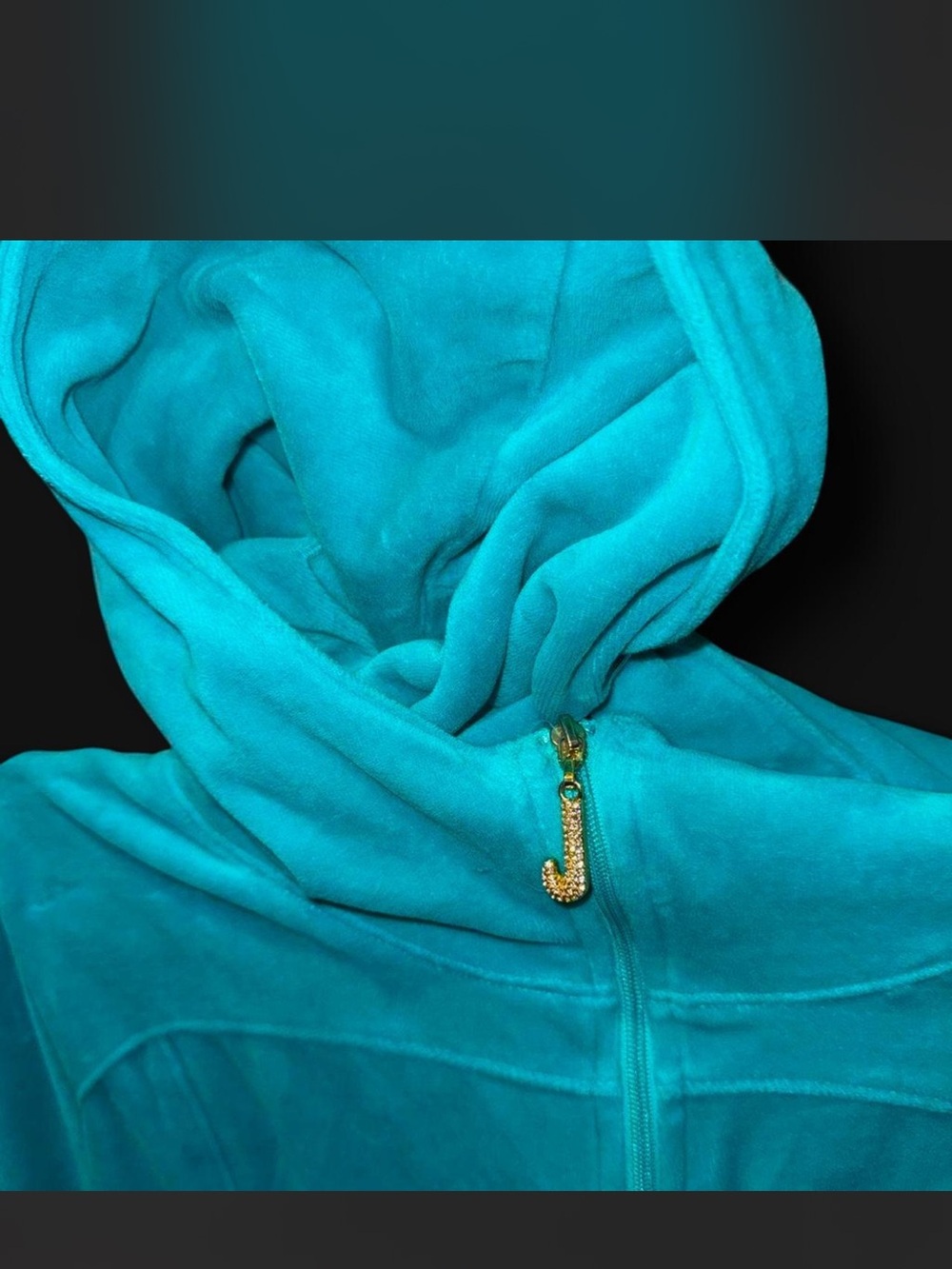 Juicy Couture Teal Velour Zip Hoodie with Gold J Charm